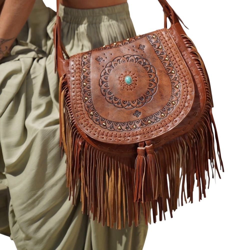 My Gratitude Brown Tooled Leather Fringe Crossbody Bag Turquoise Stone Boho